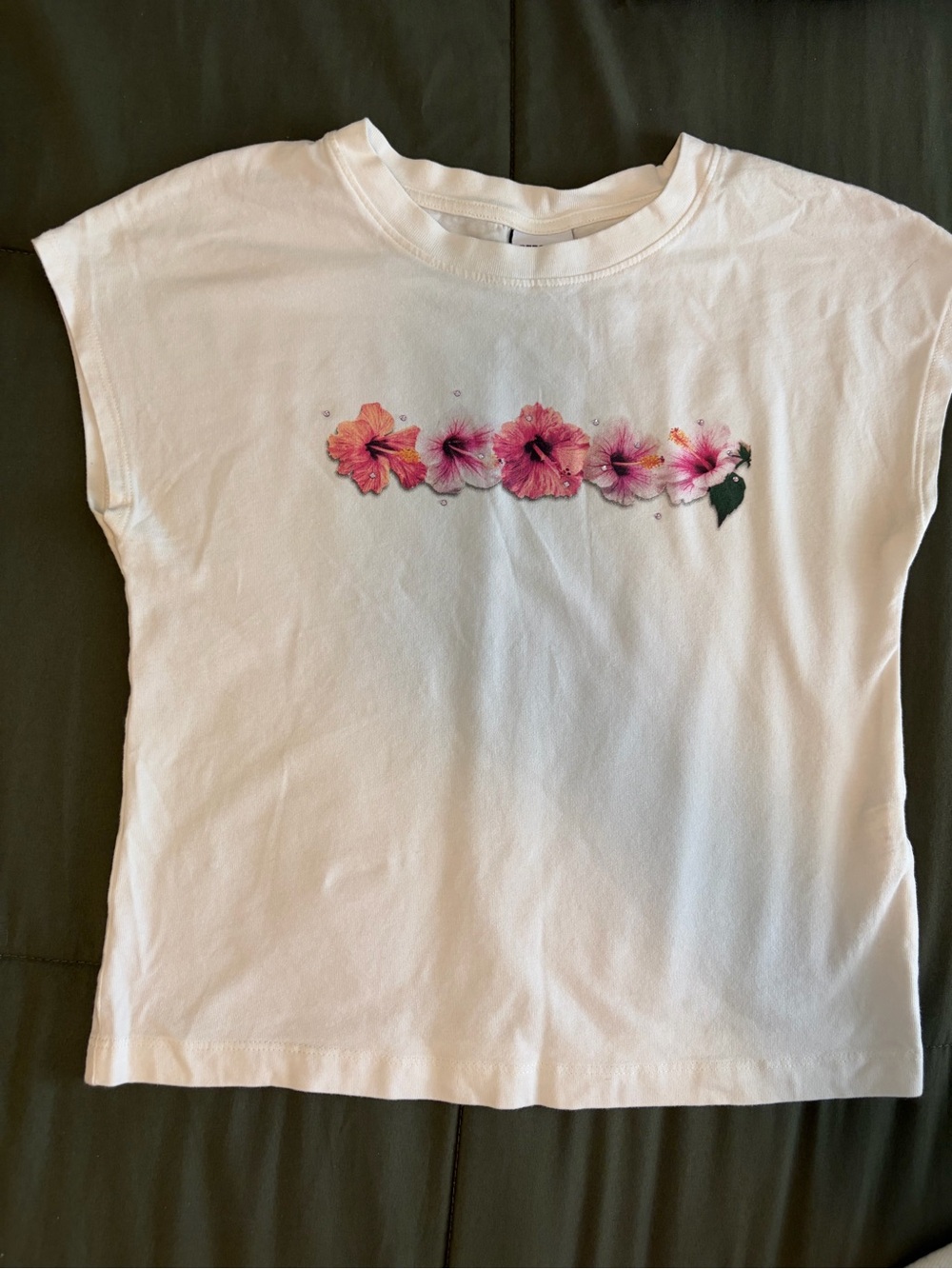 Bershka White Tee with Pink Floral Row